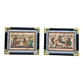 Late 20th Century Vintage Egyptian Turankhamun Papyrus Painting-Set of 2