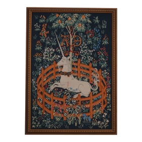 Unicorn in Captivity Hand Stitched Needlepoint in Frame
