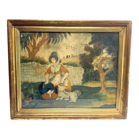 18th C, American School "Woman, Dog and Basket of Geese," Watercolor on Silk