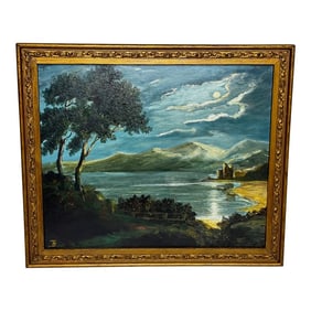 Vintage Moonlit Oil Painting of Urquhart Castle, Loch Ness – After James Bell Anderson, Framed