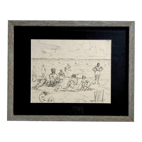 Antique Nyc Artist William Oberman Pen and Ink Framed Beach Picture