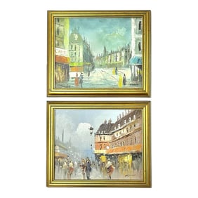 1950s Mid Century Brutalist Oil Paintings Paris Cityscape Scenes Signed - A Set, Framed
