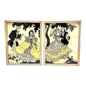 1920s Vintage Art Deco Reverse Glass Painting Foil Art Silhouette - A Pair, Framed