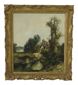 Artist Signed Framed European Meadow Scene Oil Painting on Canvas