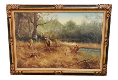 Mid 20th Century Forest Landscape With Deer Oil Painting, Framed