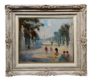 Edmond Langotiere -Children W/Parents at the Park in Paris-Oil Painting