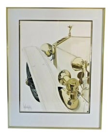 1980s Frank Valenchis Watercolor Painting of a Rolls Royce Hood, Framed