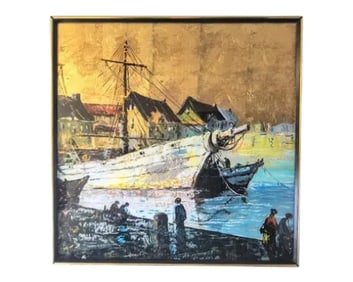 Harry Richards Original Painting Seascape Harbor Gold Leaf Gilt