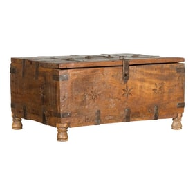 Rustic Indian 19th Century Sheesham Cash Box with Carved Rosettes and Small Feet