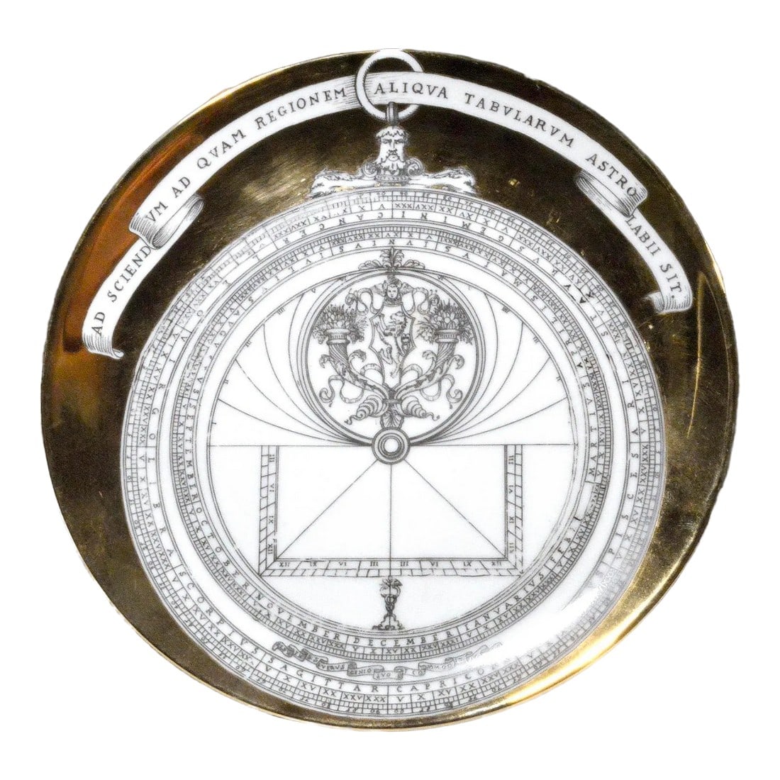 Vintage Piero Fornasetti Astrolabe Porcelain Large Plate #11: Vintage Piero Fornasetti Astrolabe Porcelain Plate, in.11 in Astrolabio Pattern. 1960's-mid 1970's. The plate depicts an astrolabe, it is number 11 in series. A ribbon above reads Ad Sciend Vm Ad Qvam