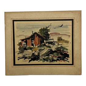 Mid 20th Century Modern Ranch Landscape Watercolor Black Ink on Paper Signed Sanchez