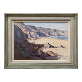 Vintage Oil Painting of Landscape Seascape of the Little Bay in Jersey by British Artist, 1990 Circa