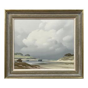 Pierre de Clausade, Coastal Seascape Landscape Painting with Boats by 20th Century French Artist, 19