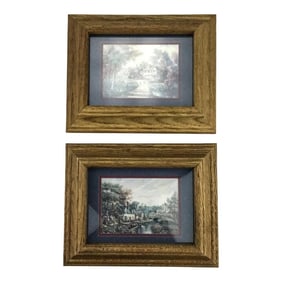 Mid Century Oak Wood Framed Prints - a Pair