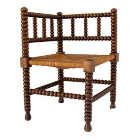Antique French Provincial Rush Corner Chair Carved Oak 19th C.