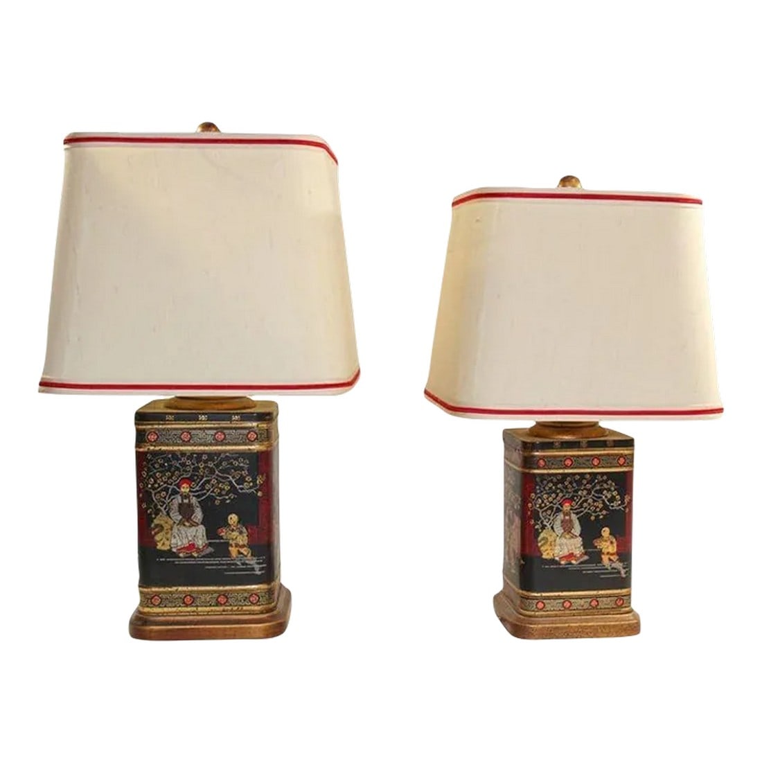 Frederick Cooper Chinoiserie Table Lamps Vintage Circa 1950's: Set of two vintage 1950's Frederick Cooper Chinoiserie table lamps. Vintage Frederick Cooper Asian tea tin canister turned into table Lamps, Vintage table lamps, one large, one smaller made by Frederi