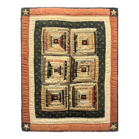 Early Primitive Log Cabin Quilt Section – Professionally Mounted, 21" X 27"