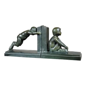 1920s Paul Silvestre Boy & Girl Satyr Art Deco Bronze Bookends- a Pair