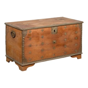 Rustic Indonesian 19th Century Wooden Blanket Chest with Brass Accents