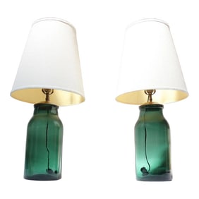 Pair of Vintage Green Blown Glass and Brass Table Lamps