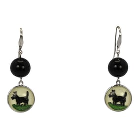 1940s Intaglio Underglass Scottie Dog Mother of Pearl & Onyx Earrings - 2 Pieces