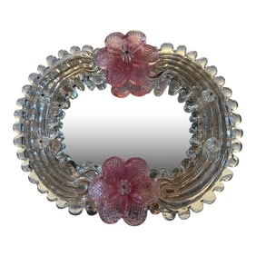 Vintage Pink Floral and Gold Leaf Venetian Glass Mirror - Wall or Table Top
