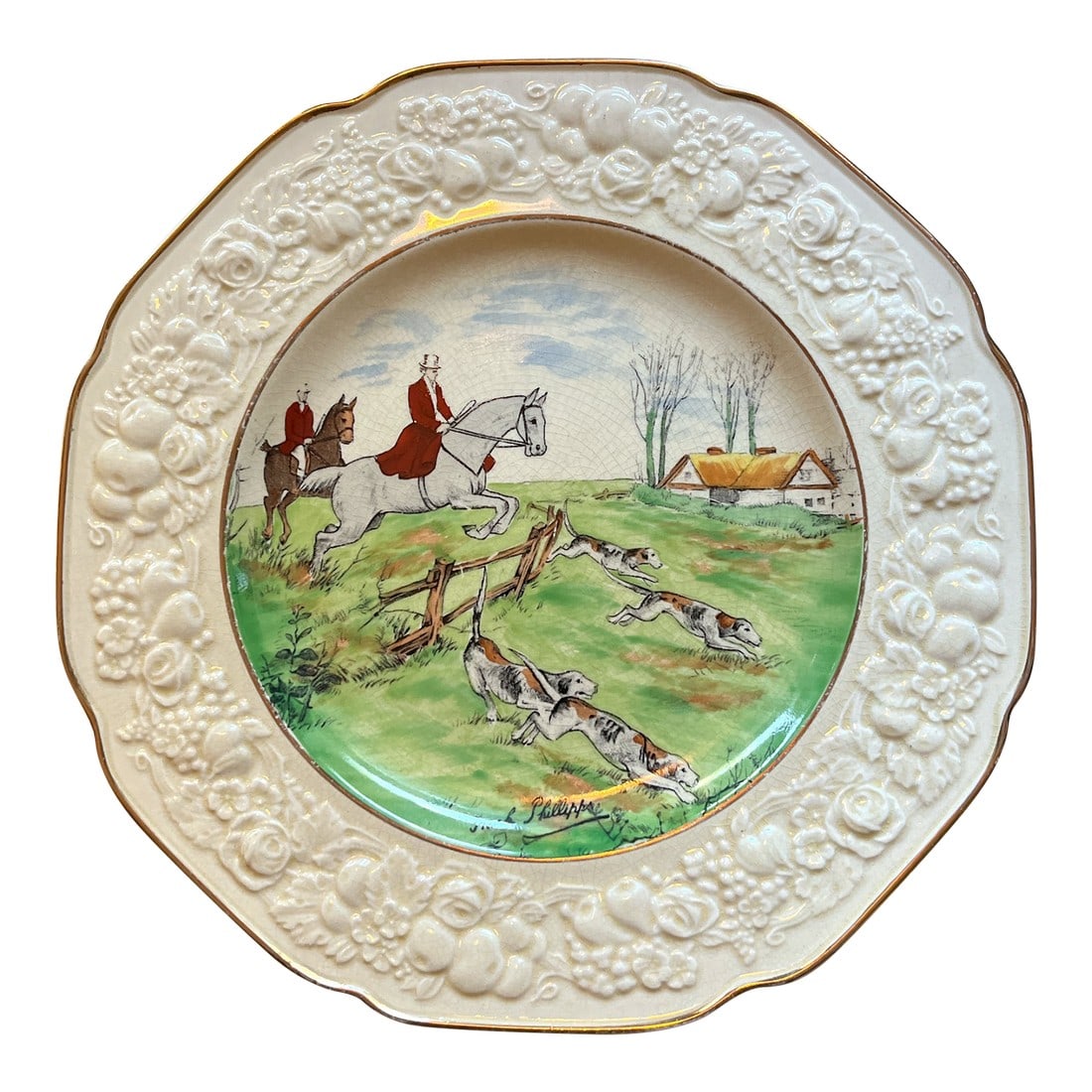 1930s Crown Ducal Florentine Fox Hunt Scene China Porcelain Dinner Plate Signed by Frank Phillips: 1930s Crown Ducal Florentine Fox Hunt dinner plate 10.25" in very good condition. Raised, embossed pattern on the scalloped rim of the plate finished with gold trim. The fox hunting scene is painted a