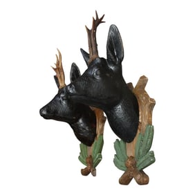 Pair of Vintage German Carved Black Forest Mounted Deer Wall Sculptures