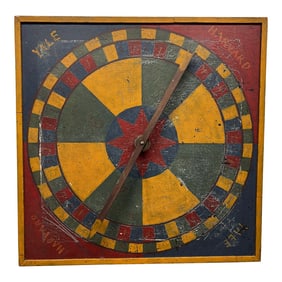 Highly Unusual American Folk Art "Yale vs. Harvard" Spinning Wheel Game C. 1900