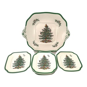 Vintage Spode England "Christmas Tree" Cake Plate Set of 7