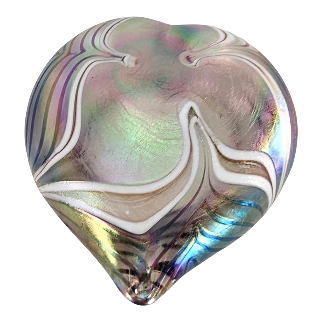 Aurene Iridescent Studio Art Glass Heart Paperweight: This vintage blown art glass paperweight features a unique pulled feather pattern on aurene glass. The controlled feather within the glass adds an intriguing visual element. With its distinctive desig