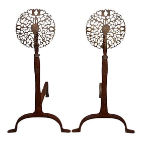 Pr. Brass Filigree Medallion Wrought Iron Base Andirons Att. To Virginia Metal Crafters