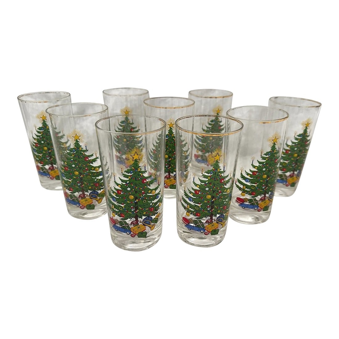 Vintage Moderne Christmas Tree 10oz Tumblers-Set of 13: Vintage set of 13 Christmas Tree print 10oz Tumblers with gold rim. Perfect to mix and match with other christmas tree prints. I actually found 4 more, so I added to the count but not picture. 5.5in H