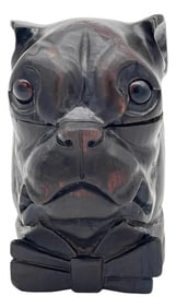 19th Century Victorian Blackened Lignum Vitae Bull/Pug Dog with Bow Tie Inkwell