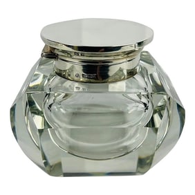 Adie Brothers Ltd, Sterling Silver & Crystal Vanity Jar or Inkwell C. 1955