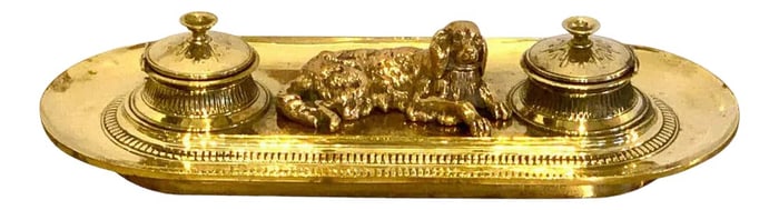 19th Century English Brass Resting Dog Double Inkwell
