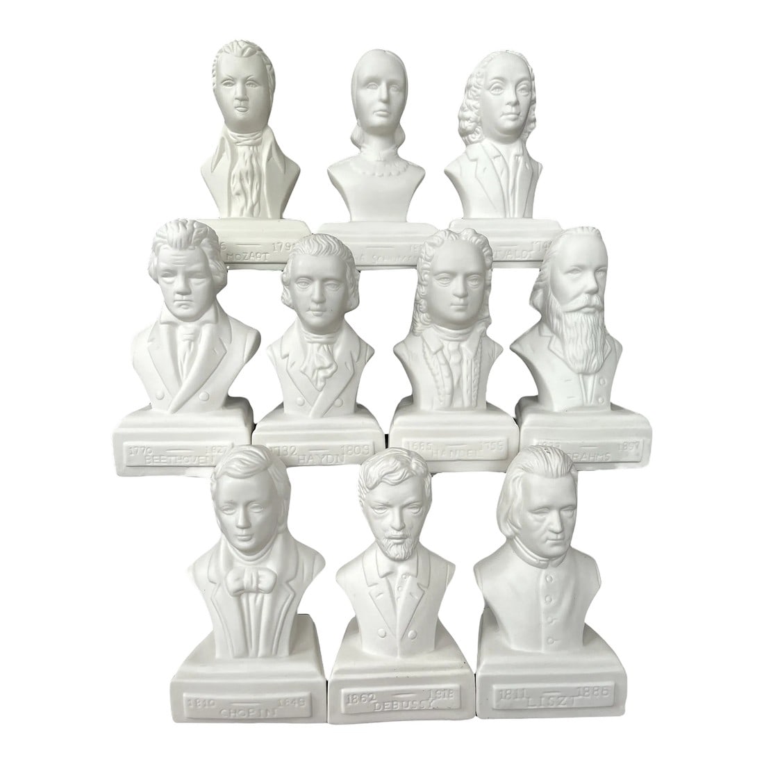 Vintage Famous Composers White Porcelain Bisque Busts Set of 10: Set of 10 Composers White Porcelain Busts Approximately 5" x 3". Signed on back Willis Music Co. Composers are the heavy hitters of classical music: Motzart, Beethoven, Brahms, Debussy, Wagner, Mozart