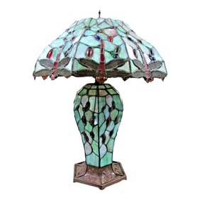 1980s Tiffany Style Dragonfly Stained Glass Body and Shade Dual Light Table Lamp