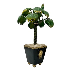 Vintage Hollywood Regency Toleware Potted Faux Palm Tree Candleholder