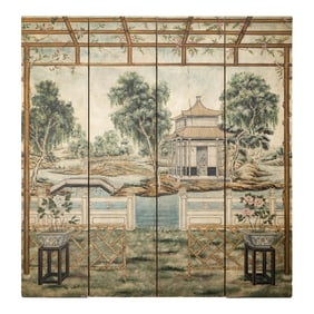 Hand-Painted Four-Panel Chinese Screen with Garden Pavilion and Peony Motifs