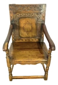 17th Century Dutch Judaica Inlaid Oak Wainscot Chair With Star of David