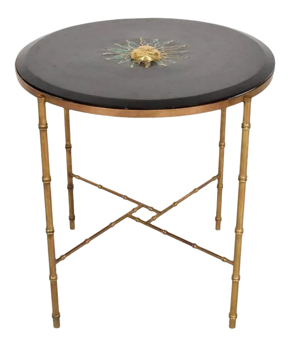 1950s Pepe Mendoza Faux Bamboo Brass Side Table Mexico City: AMBIANIC presents Pepe Mendoza Brass Malachite Smiling Sun Sculpture Table. A Stunning Round Side Table Patinated Solid Brass Faux Bamboo. Mexican Modernism 1950s. Wood Tabletop with beveled edges. No