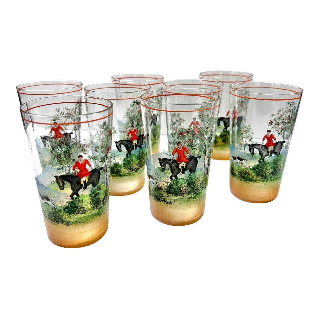 1930s Equestrian Hand Painted Horse Fox Hunt Glasses - A Set of 8 (1 of 11)
