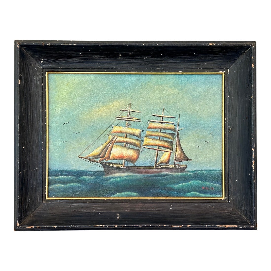 Nautical Seascape Oil on Canvas Board, Signed Beal 1974, Framed: Vintage Nautical Folk Art Seascape Oil Painting on Canvas Board – Signed Beal, 1974 – Tall Ship Scene in Original Framed Artwork Capture the timeless beauty of the sea with this serene vintage nau