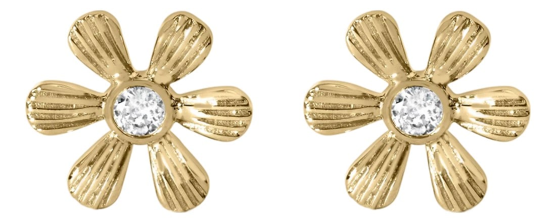 10K Yellow Gold Bezel Set Diamond Accent Hammered Finish Floral Stud Earrings (I-J Color, I1-I2 Clar (1 of 6)