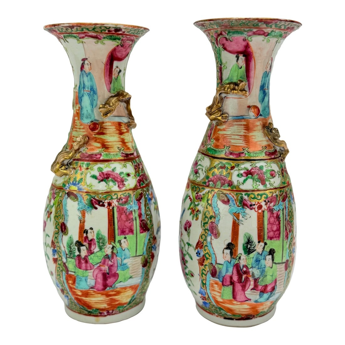 Pair, Chinese Export Rose Medallion Porcelain Vases With Gilt Dragon Handles (1 of 9)