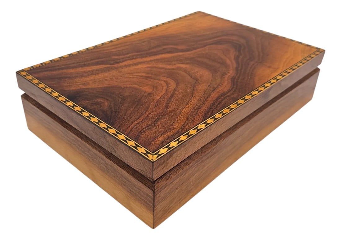 Handcrafted Inlaid Walnut Pistol Case With Red Fleece Interior – 12" Custom Box: A gentleman's secret: warm walnut grain, hand-trimmed in marquetry like whispers in a hunting lodge. The lid lifts"”softly, deliberately"”to reveal a flash of scarlet fleece, plush as thea