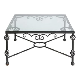 French Giacometti Style Sculptural Forged Wrought Iron Coffee Table With Glass Top, 1950s