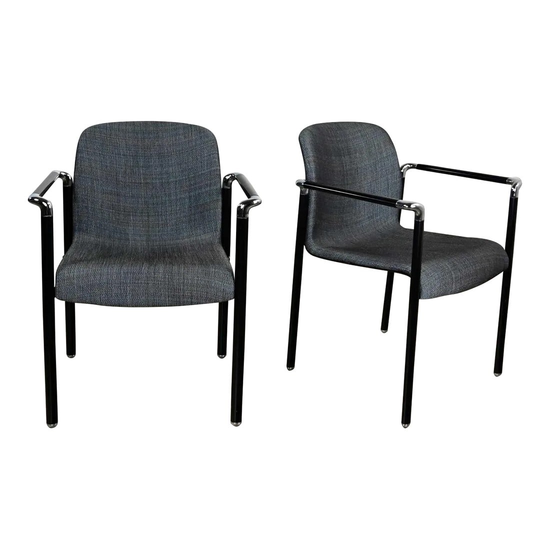 Vintage Modern Herman Miller Chrome & Black Pair of Armchairs Original Fabric: Striking pair of vintage modern Herman Miller chrome & black armchairs wearing their original gray iridescent fabric. Beautiful condition, keeping in mind that these are vintage and not new so will ha