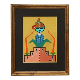 Vintage Native American Corn Maiden Painting Signed by Hopi Artist G. Choyou